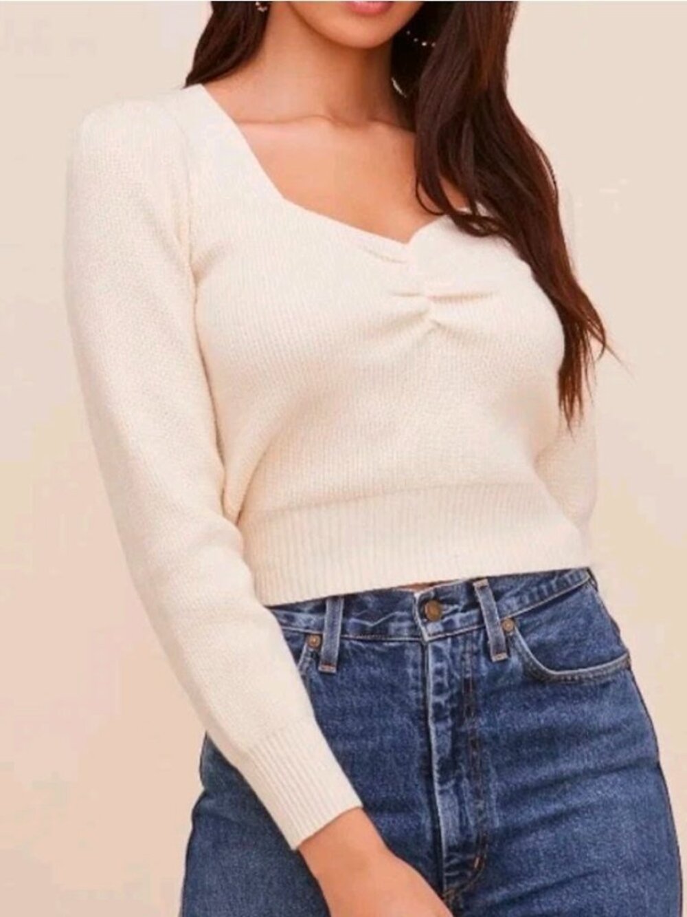 Astr The Label Cream Knit Sweater Sweetheart Neckline Long Sleeve Shirt Small